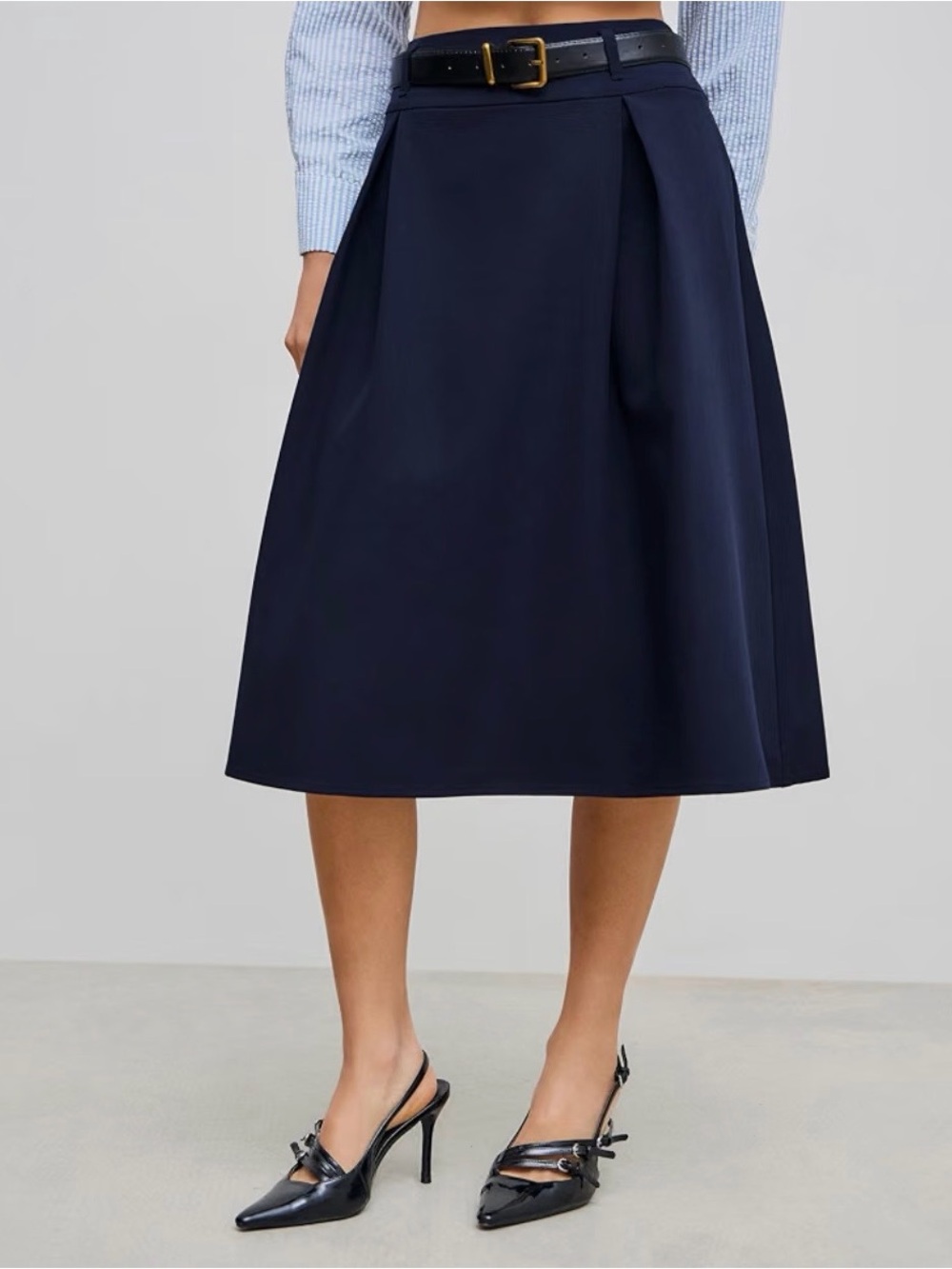 Cider Navy Pleated Midi Skirt with Belted Waist